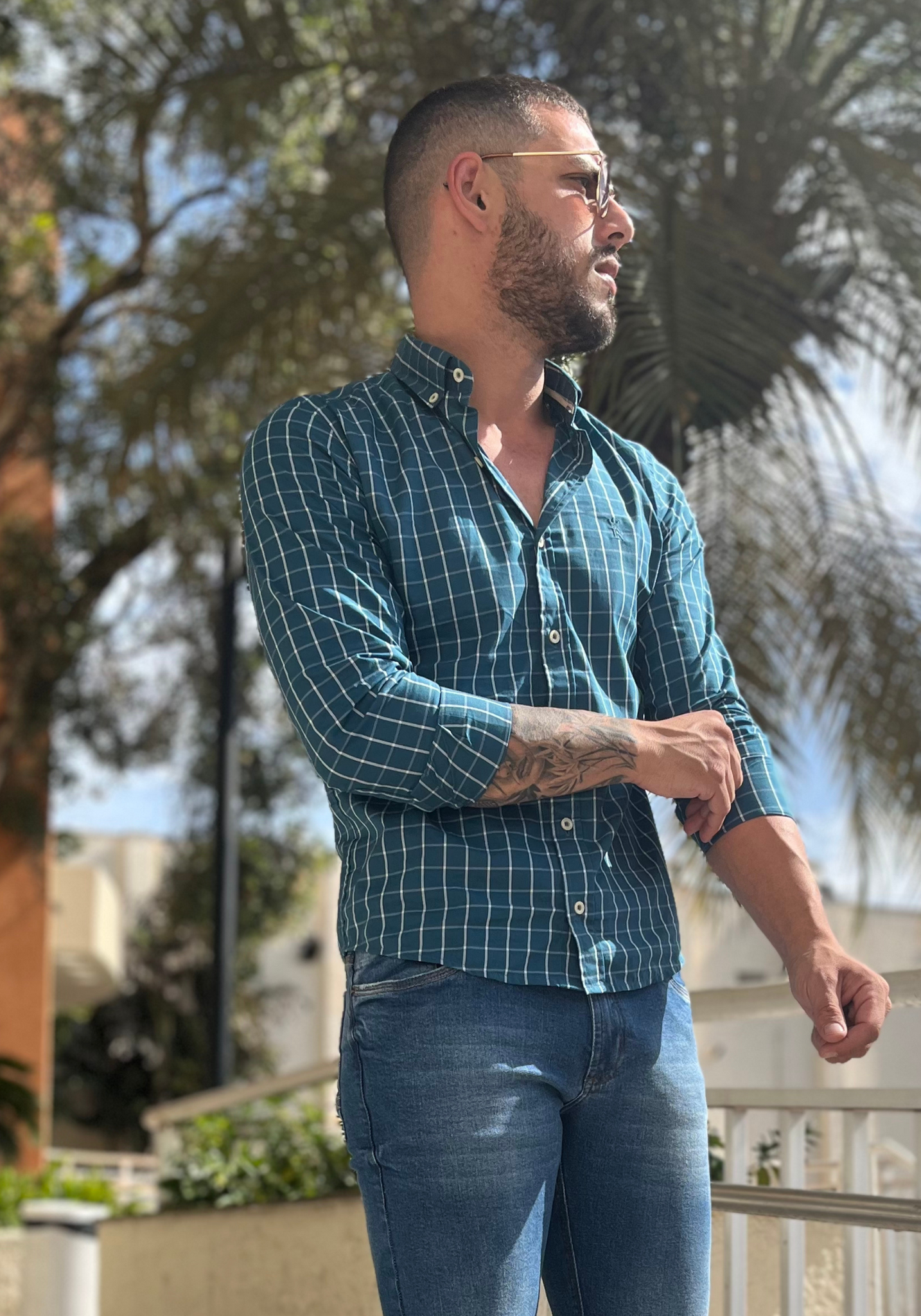 Camisa Slim Fit Xadrez Azul Petróleo