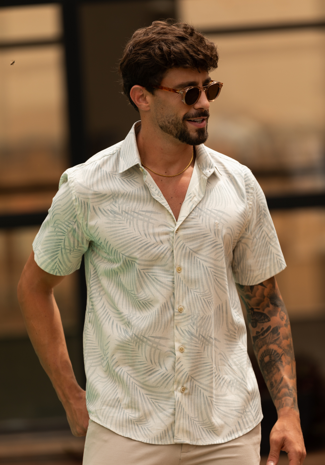 CAMISA SLIM ESTAMPADA ALGODÃO COM LINHO M/C