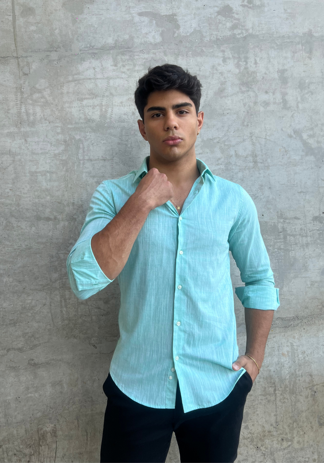 CAMISA SLIM CHAMBRAY VERDE M/L